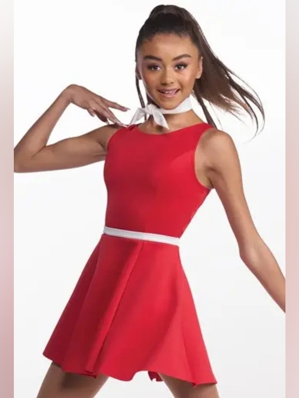 Weissman Red Fit-and-Flare Dress with White Waistband, Dance Costume